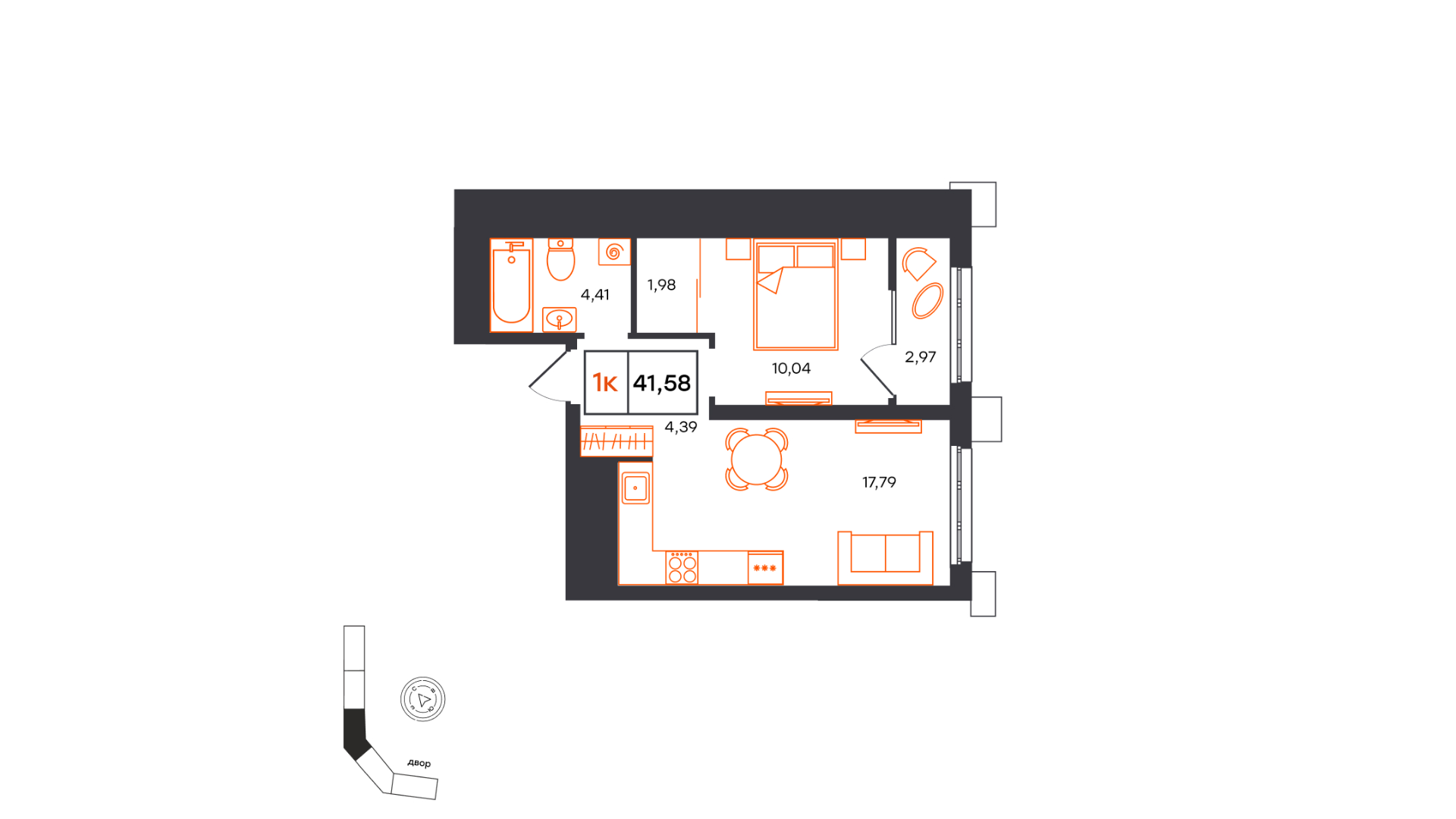 Планировка: Евродвушка 41.6 м² в ЖК Фатера, Дом Обороны