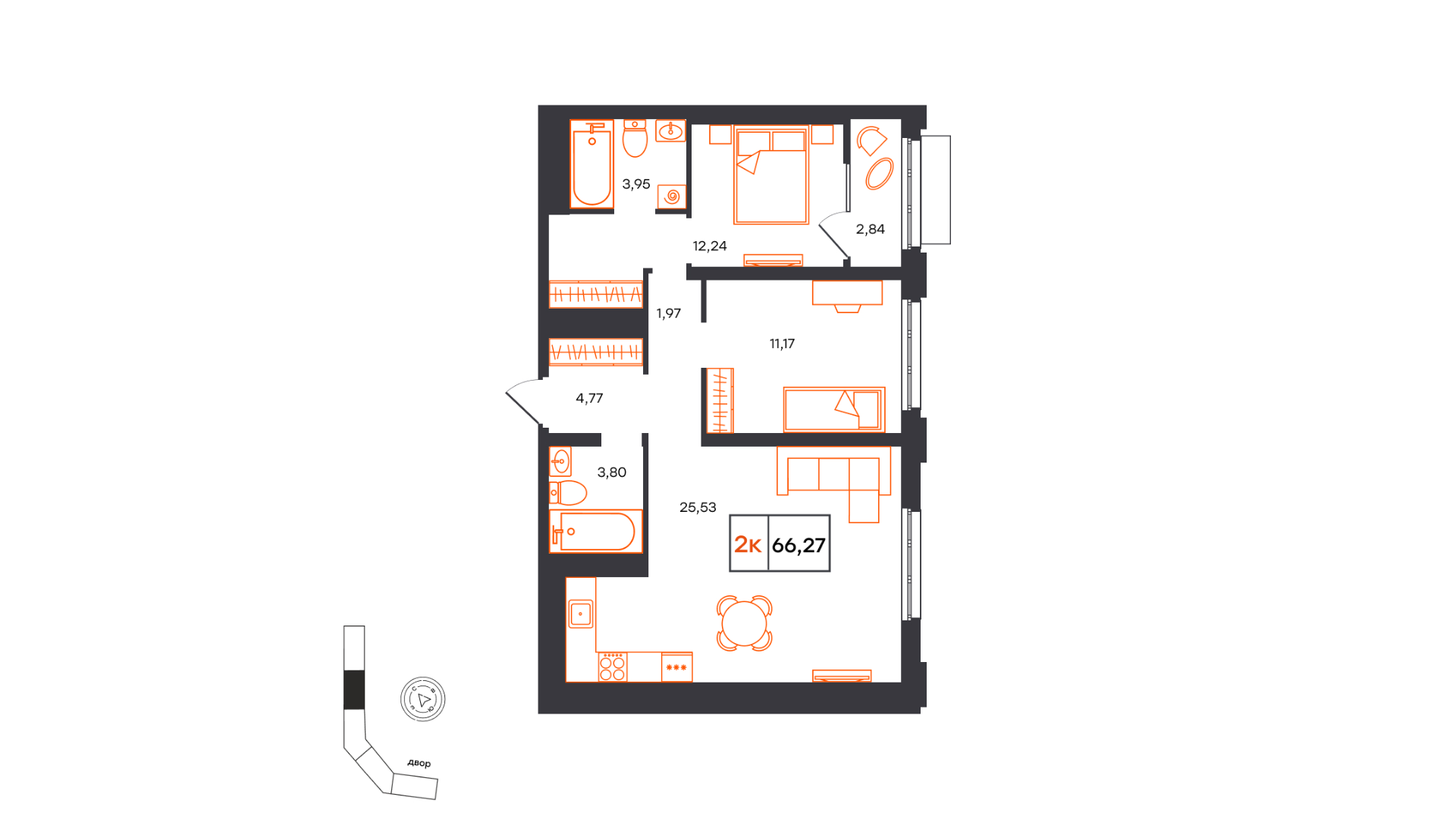 Планировка: Евротрешка 66.3 м² в ЖК Фатера, Дом Обороны