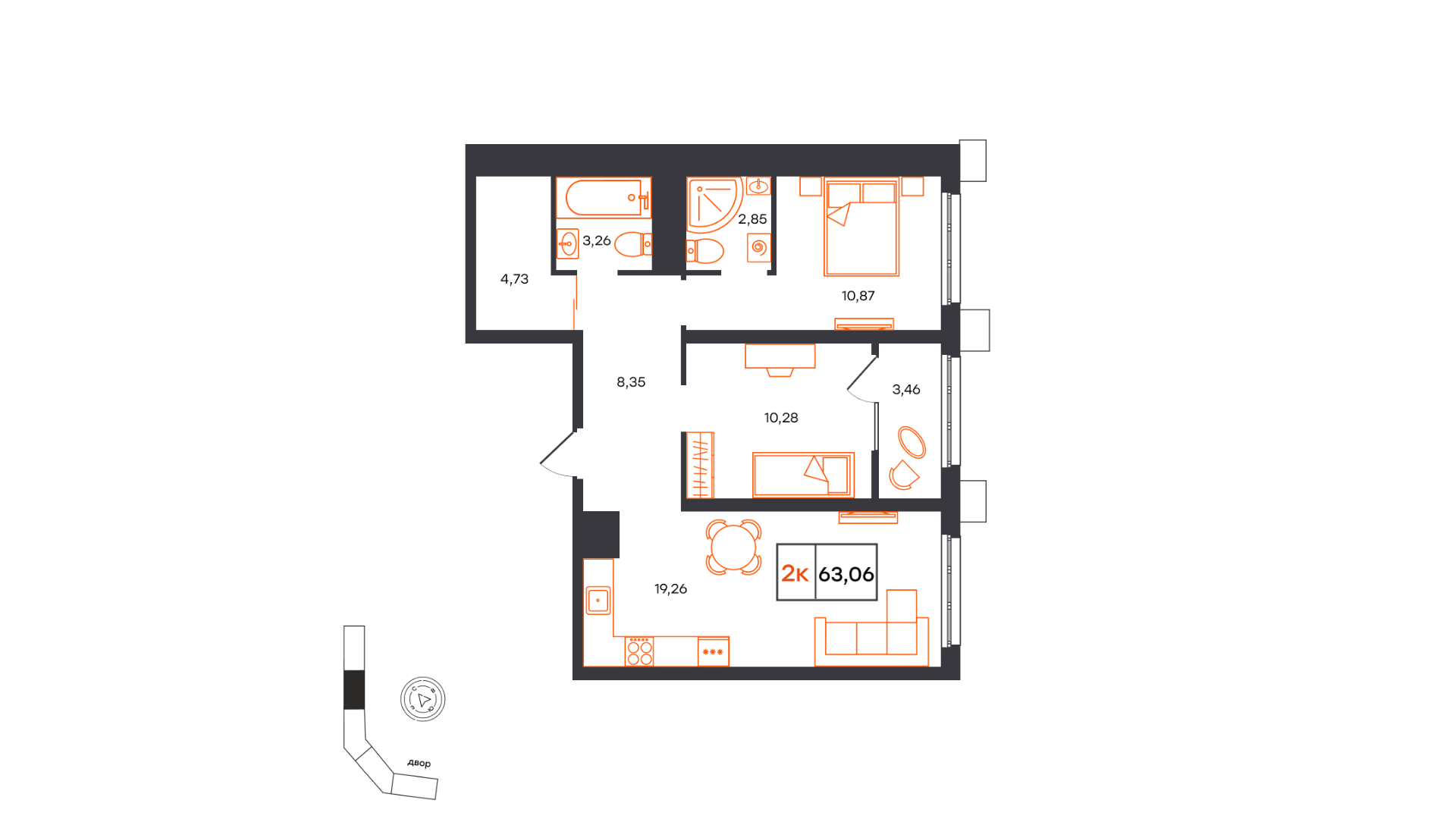 Планировка: Евротрешка 63.1 м² в ЖК Фатера, Дом Обороны