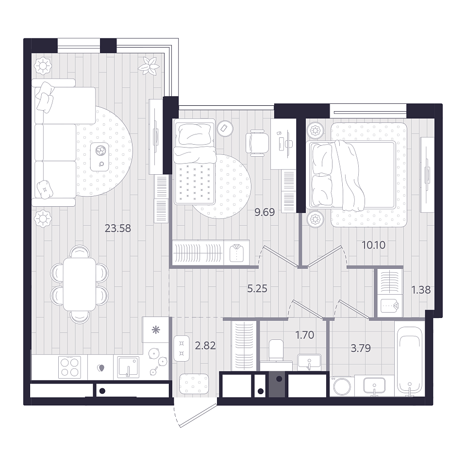 Планировка: Евротрешка 58.3 м² в ЖК Форсо, Зарека