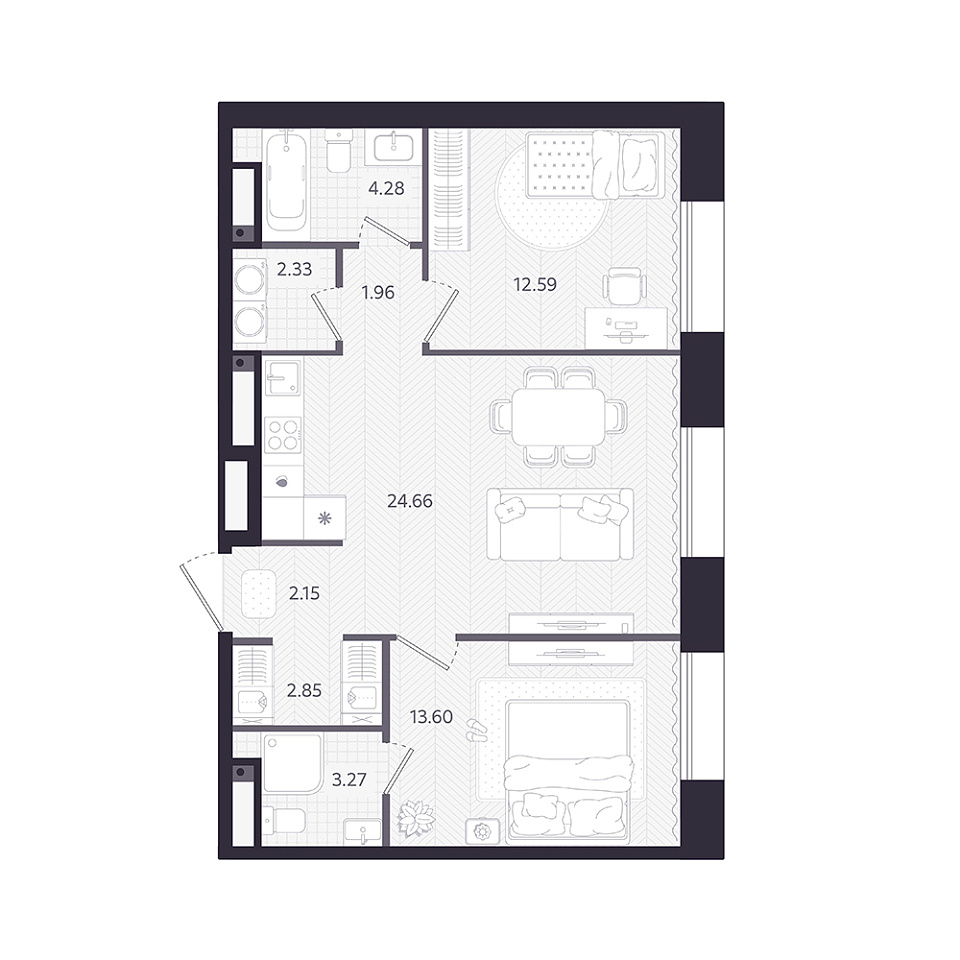Планировка: Евротрешка 67.6 м² в ЖК Темплин, Центр