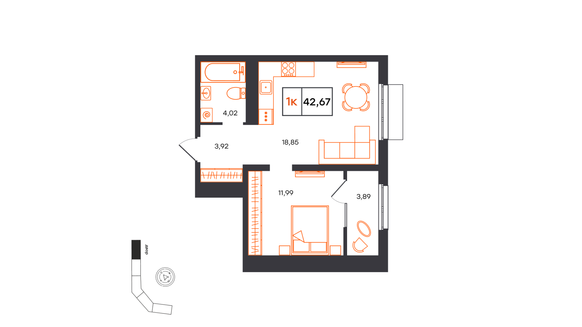 Планировка: Евродвушка 42.7 м² в ЖК Фатера, Дом Обороны