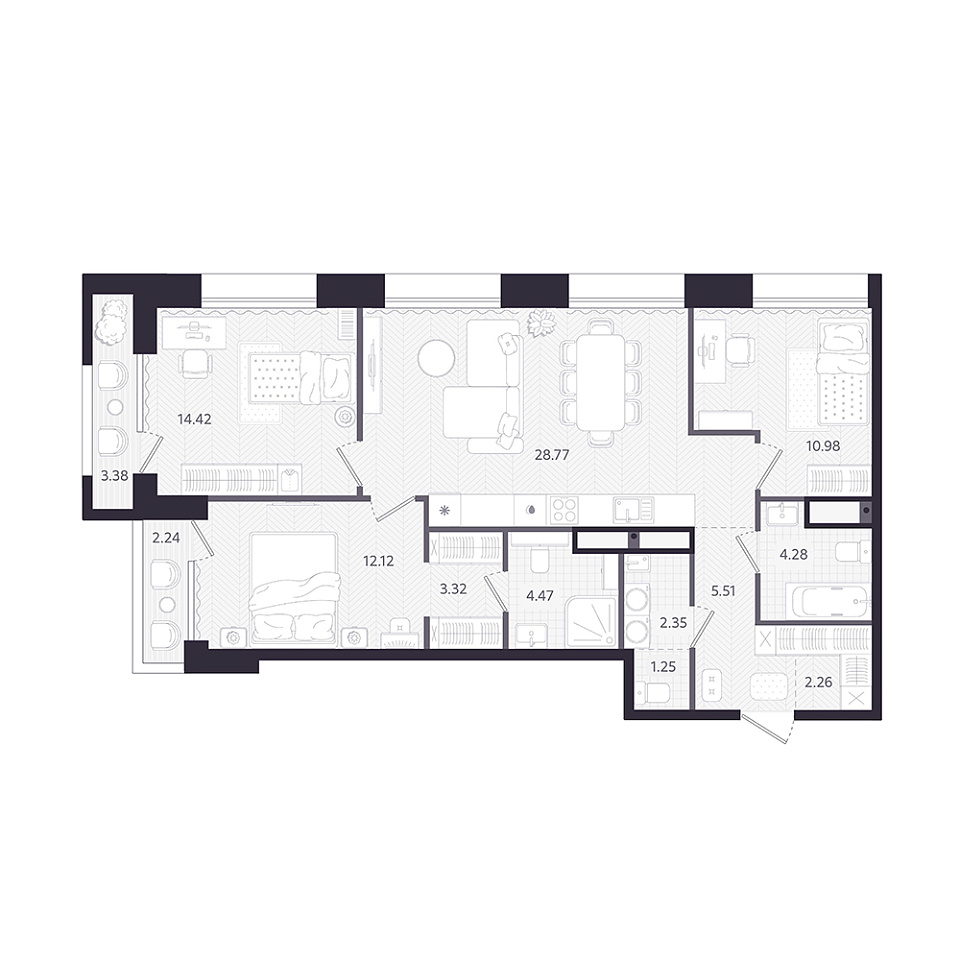 Планировка: 4-комнатная евро 91.3 м² в ЖК Темплин, Центр