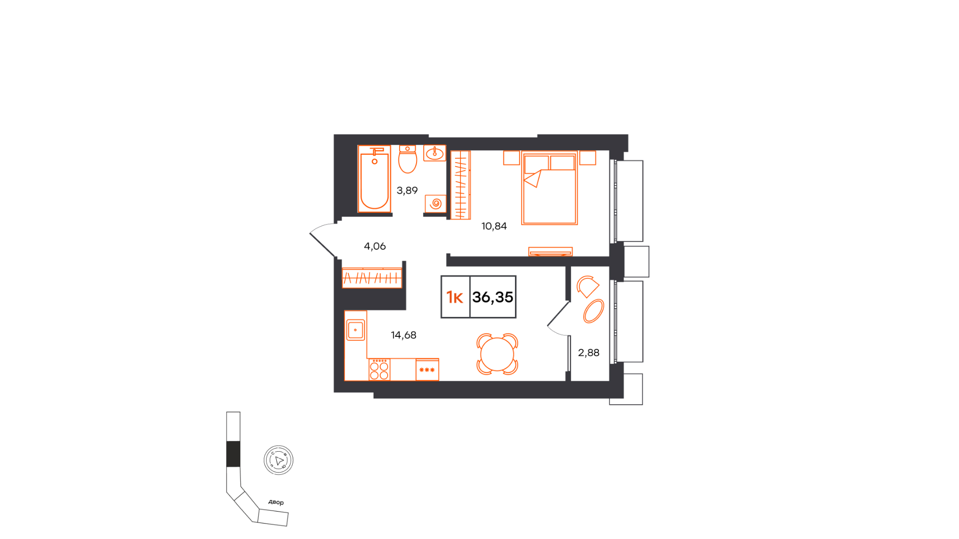 Планировка: Евродвушка 36.4 м² в ЖК Фатера, Дом Обороны
