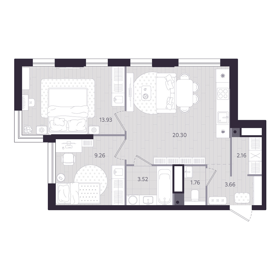 Планировка: Евротрешка 54.6 м² в ЖК Форсо, Зарека
