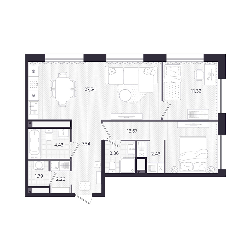 Планировка: Евротрешка 74.3 м² в ЖК Темплин, Центр