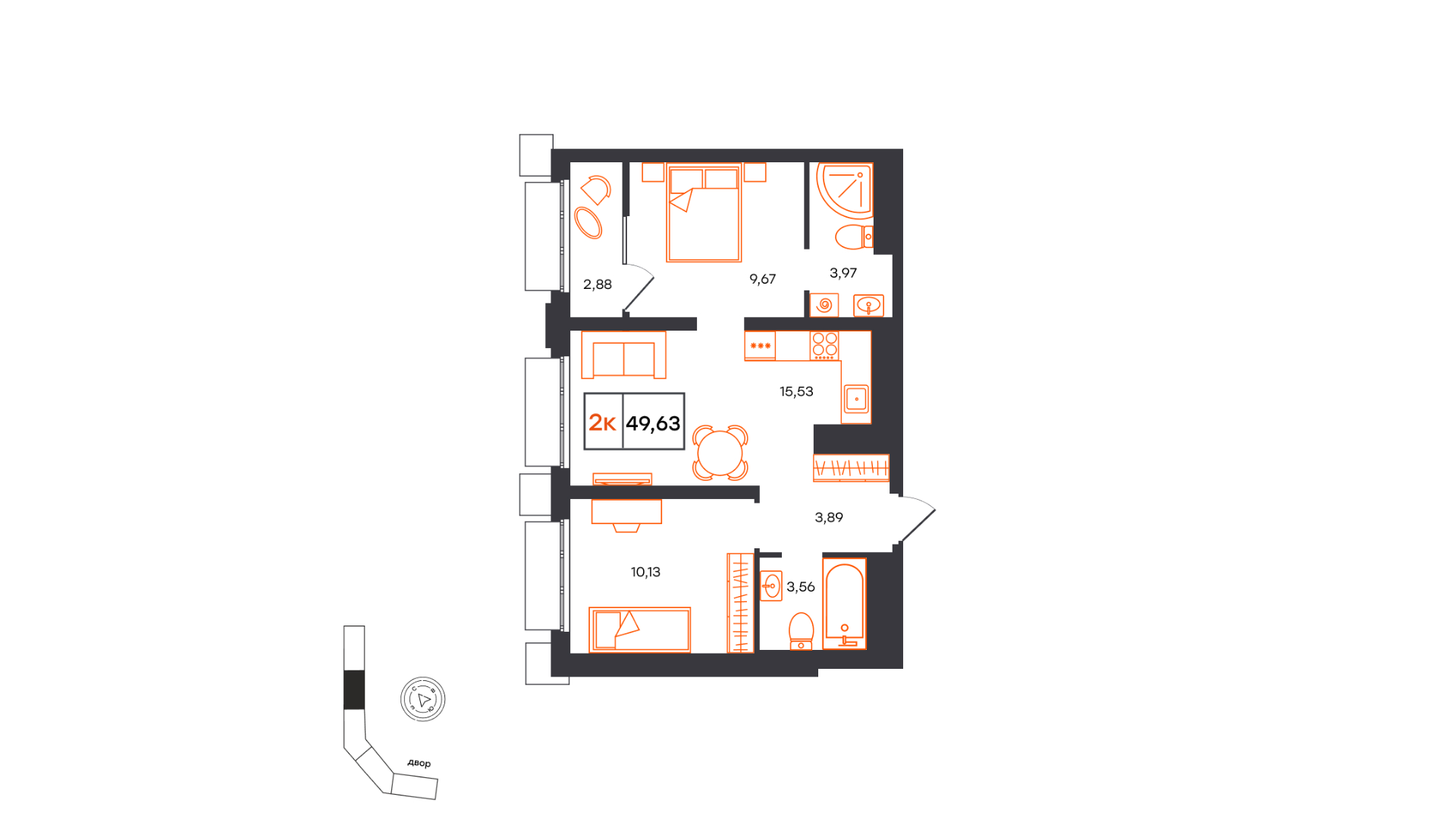 Планировка: Евротрешка 49.6 м² в ЖК Фатера, Дом Обороны