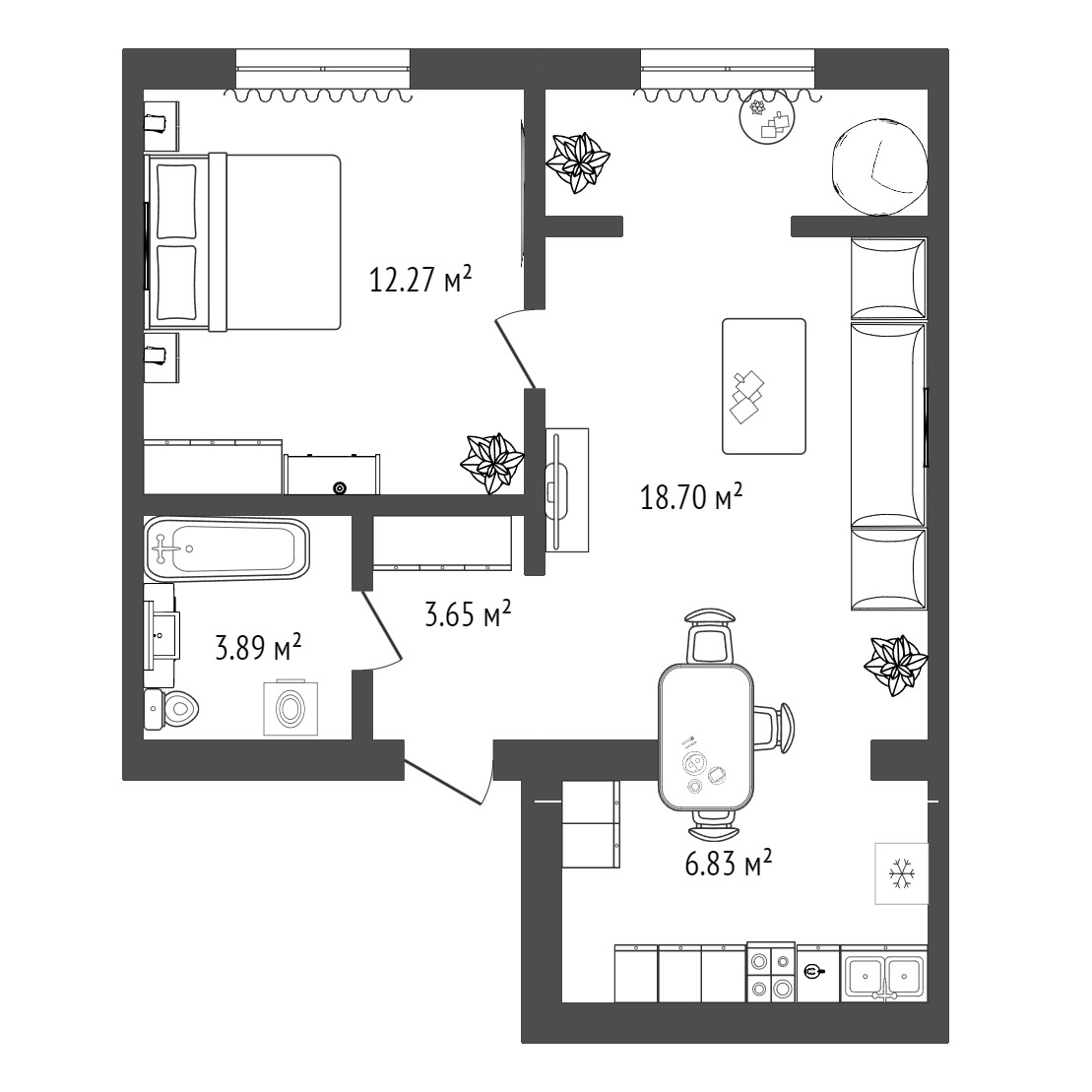 Планировка: Евродвушка 45.3 м² в ЖК Листопад, От Слободы до Комарово парк