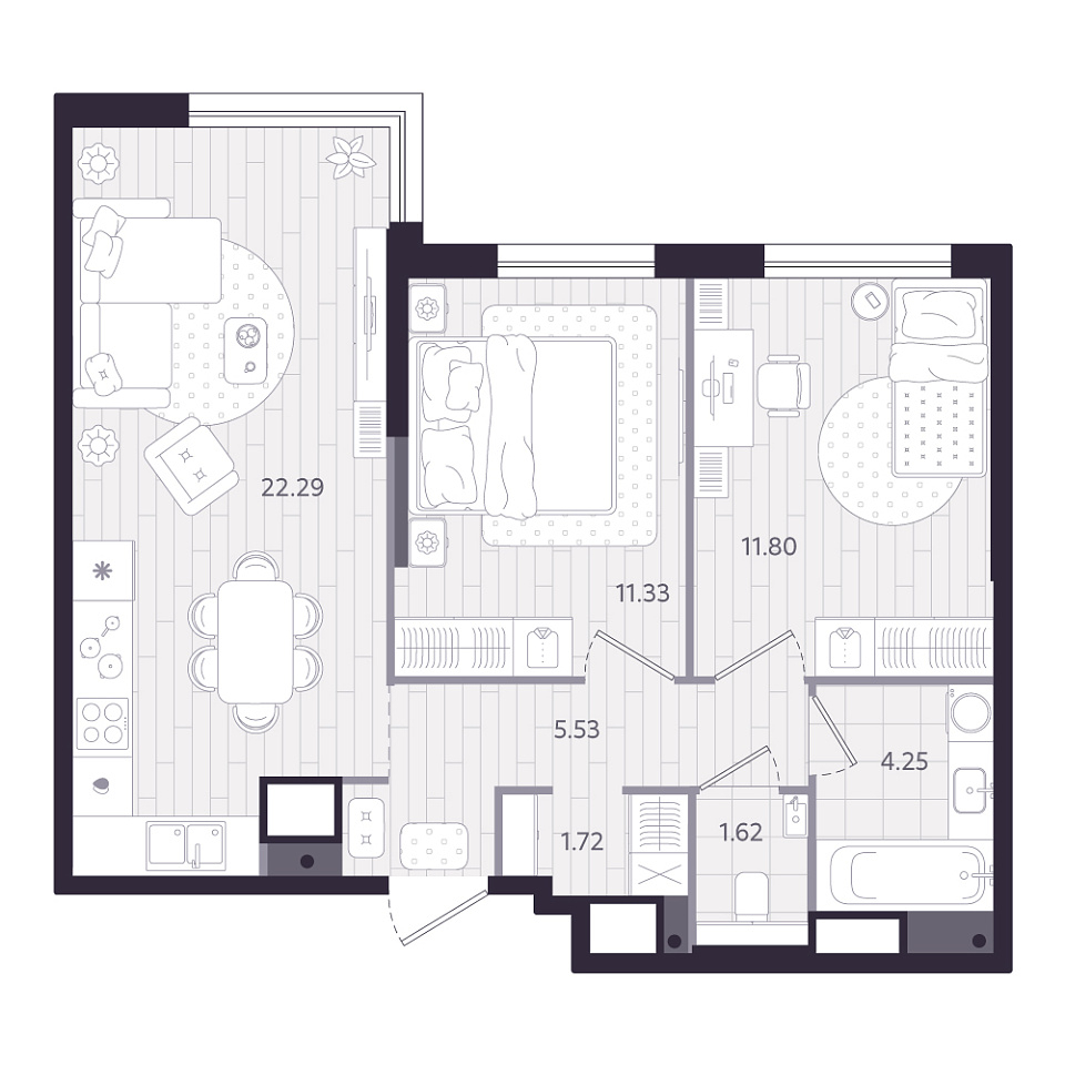 Планировка: Евротрешка 58.5 м² в ЖК Форсо, Зарека