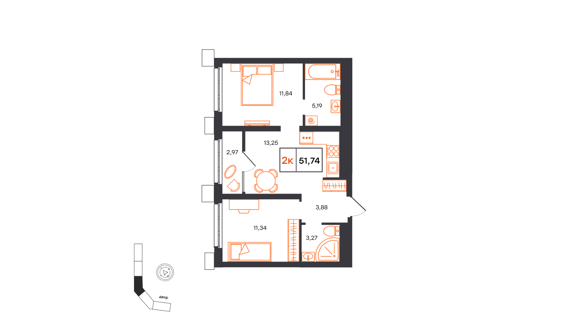Планировка: Евротрешка 51.7 м² в ЖК Фатера, Дом Обороны