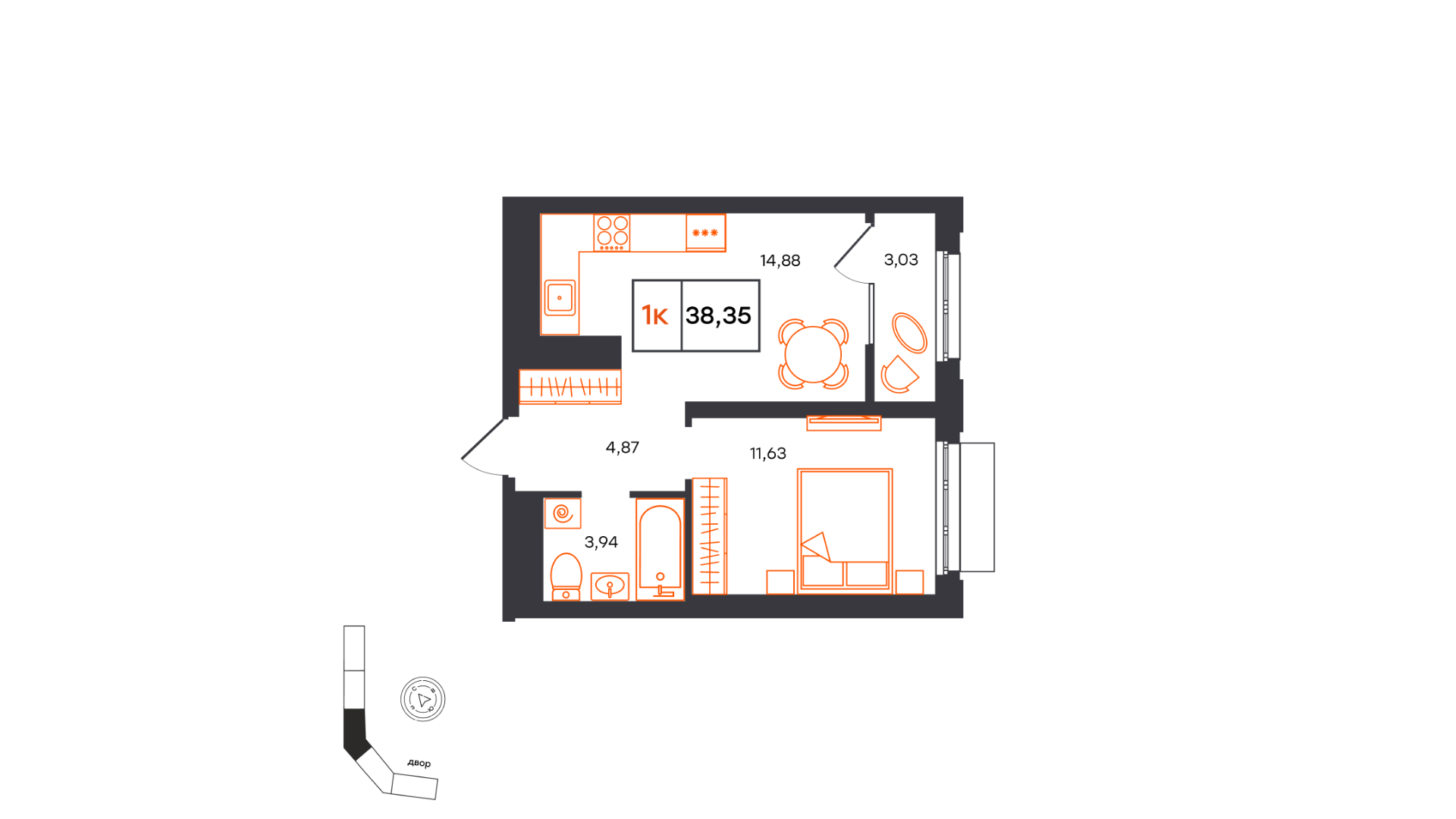 Планировка: Евродвушка 38.4 м² в ЖК Фатера, Дом Обороны