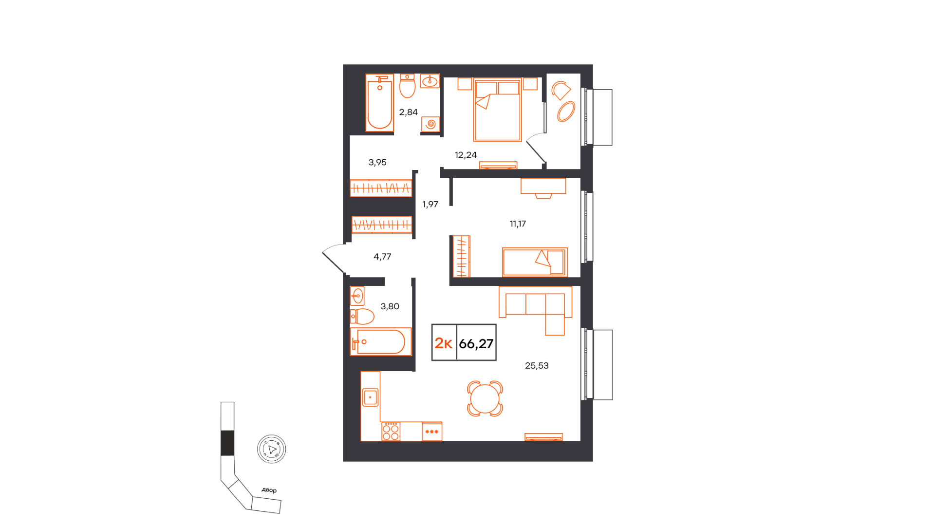 Планировка: Евротрешка 66.3 м² в ЖК Фатера, Дом Обороны