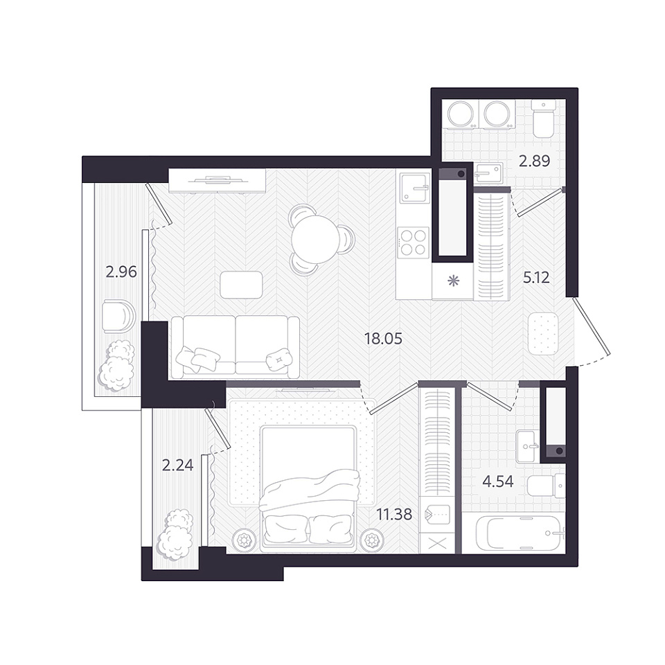 Планировка: Евродвушка 43.5 м² в ЖК Темплин, Центр