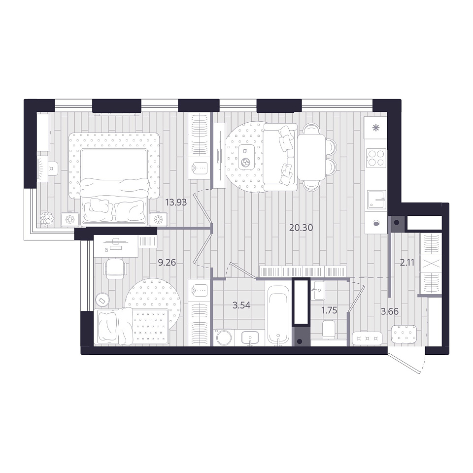 Планировка: Евротрешка 54.5 м² в ЖК Форсо, Зарека