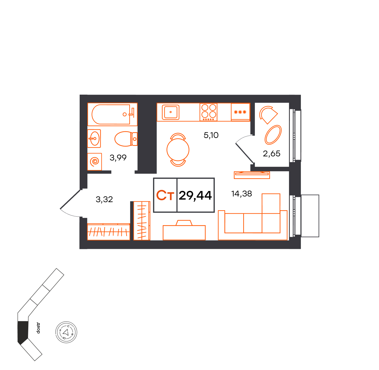 Планировка: Студия 29.4 м² в ЖК Фатера, Дом Обороны