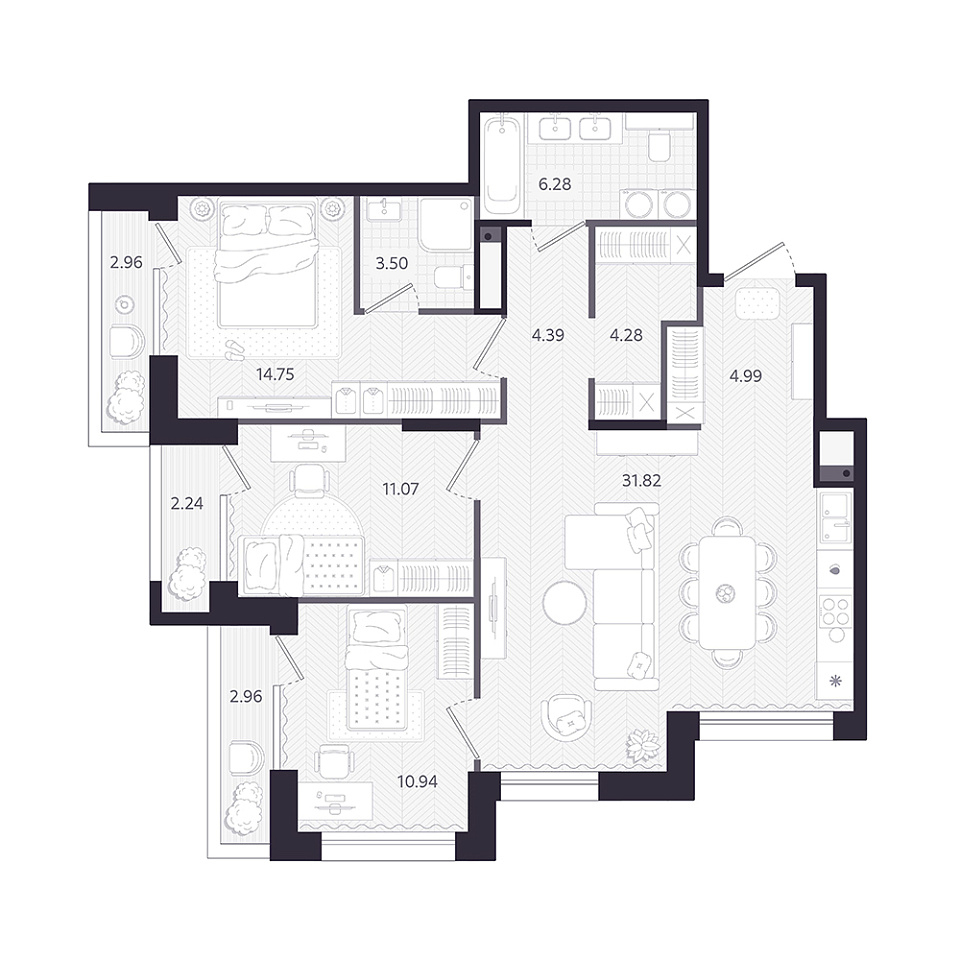 Планировка: 4-комнатная евро 94.5 м² в ЖК Темплин, Центр