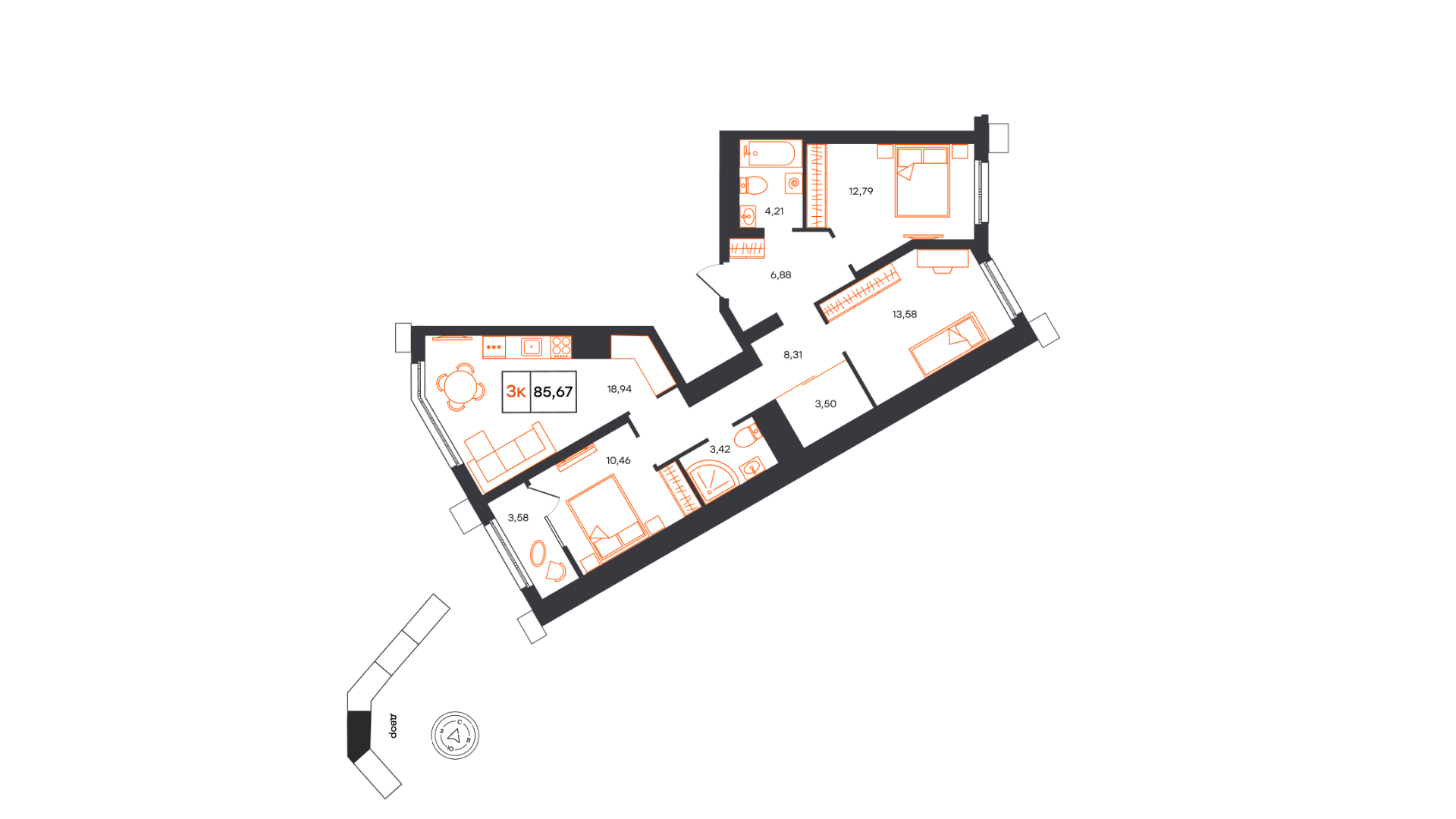 Планировка: 4-комнатная евро 85.7 м² в ЖК Фатера, Дом Обороны