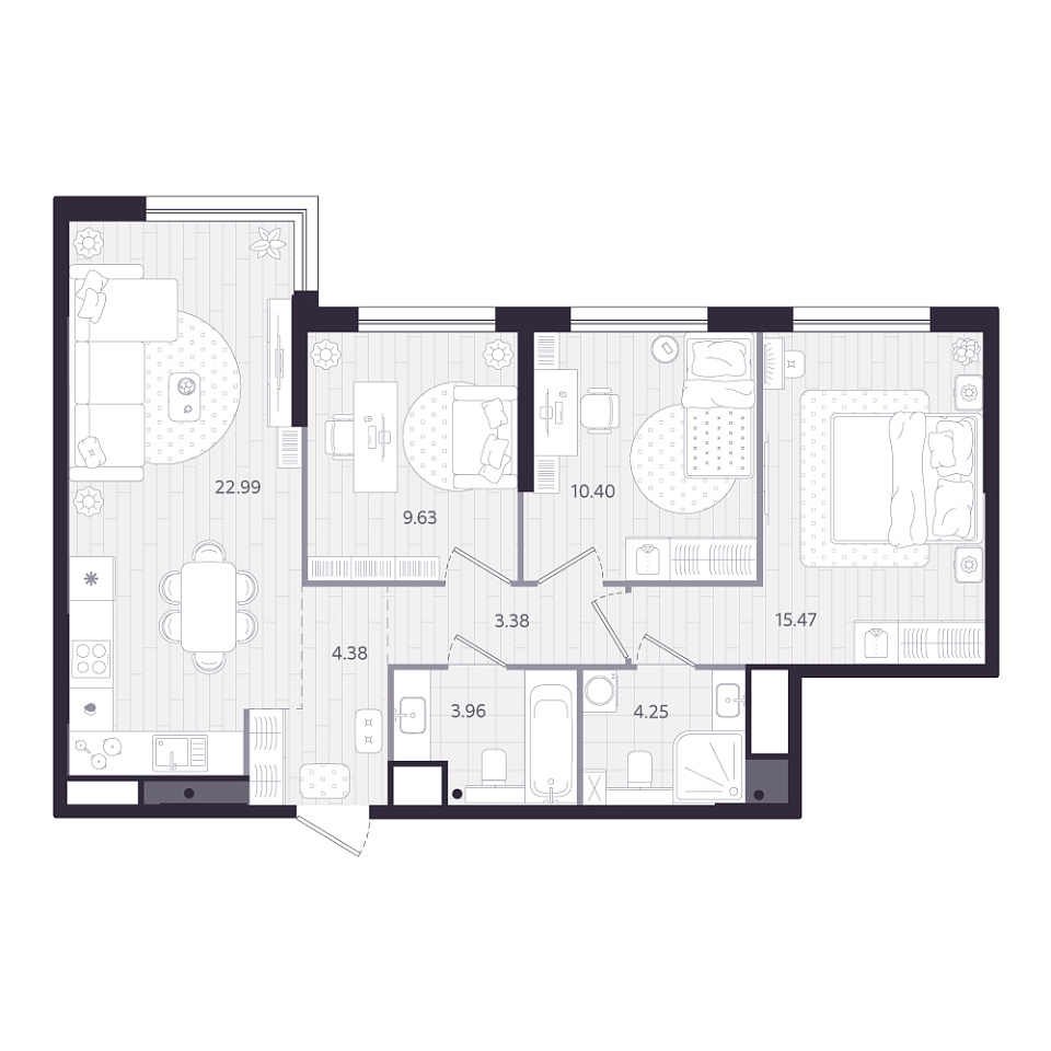 Планировка: 4-комнатная евро 74.5 м² в ЖК Форсо, Зарека