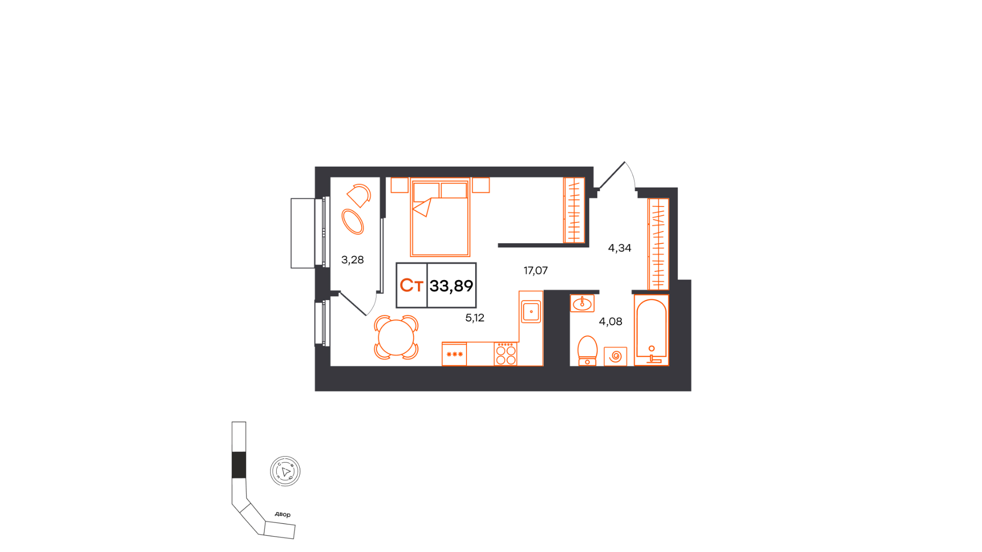 Планировка: Студия 33.9 м² в ЖК Фатера, Дом Обороны