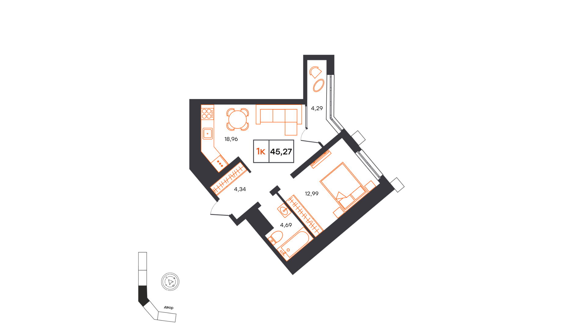 Планировка: Евродвушка 45.3 м² в ЖК Фатера, Дом Обороны