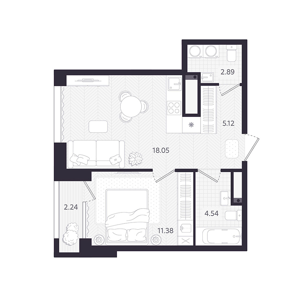 Планировка: Евродвушка 42.6 м² в ЖК Темплин, Центр