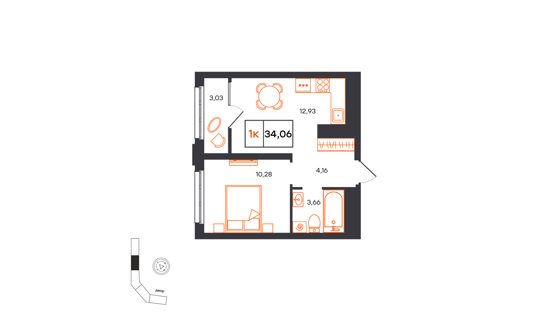 Планировка: 1-комнатная 34.1 м² в ЖК Фатера, Дом Обороны