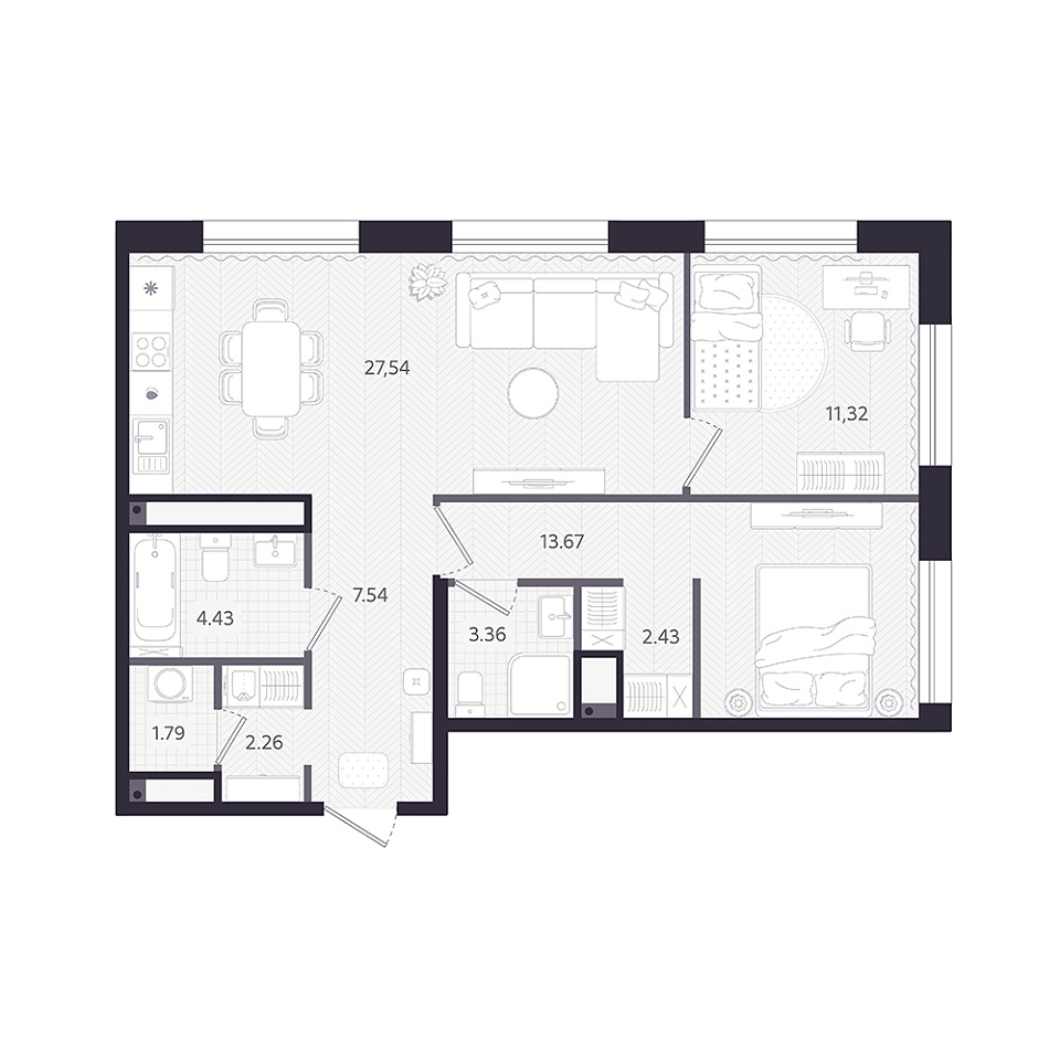 Планировка: Евротрешка 74.3 м² в ЖК Темплин, Центр