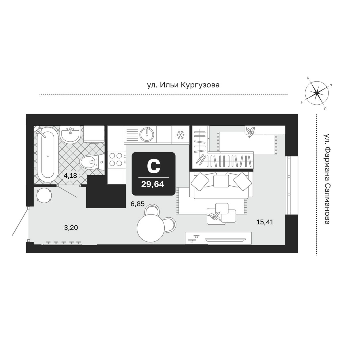 Планировка: Студия 29.6 м² в ЖК Мидгард в Комарово Парк, От Слободы до Комарово парк