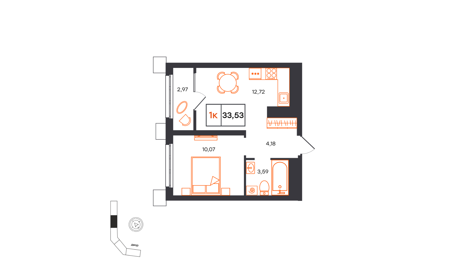 Планировка: 1-комнатная 33.5 м² в ЖК Фатера, Дом Обороны