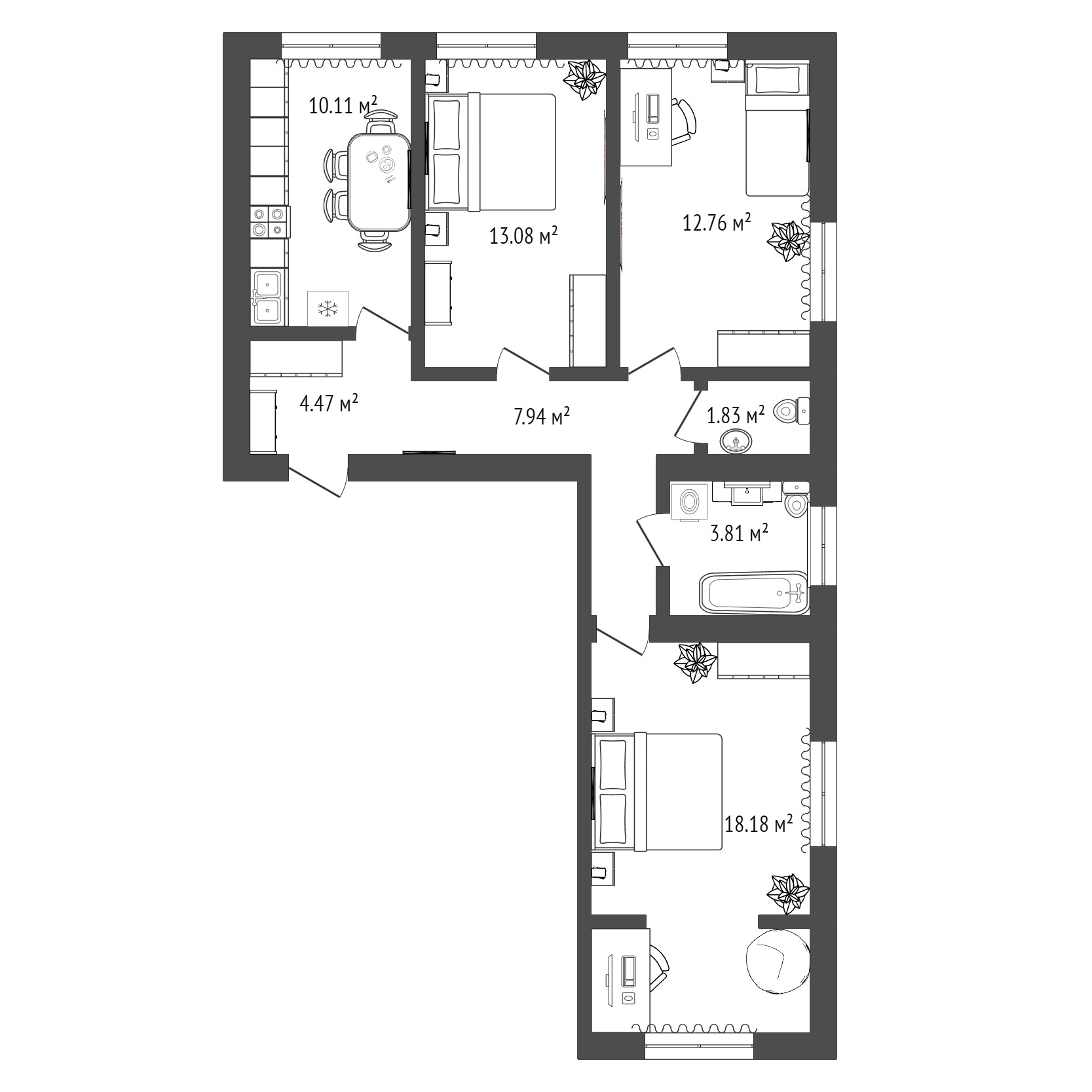 Планировка: 3-комнатная 72.2 м² в ЖК Листопад, От Слободы до Комарово парк