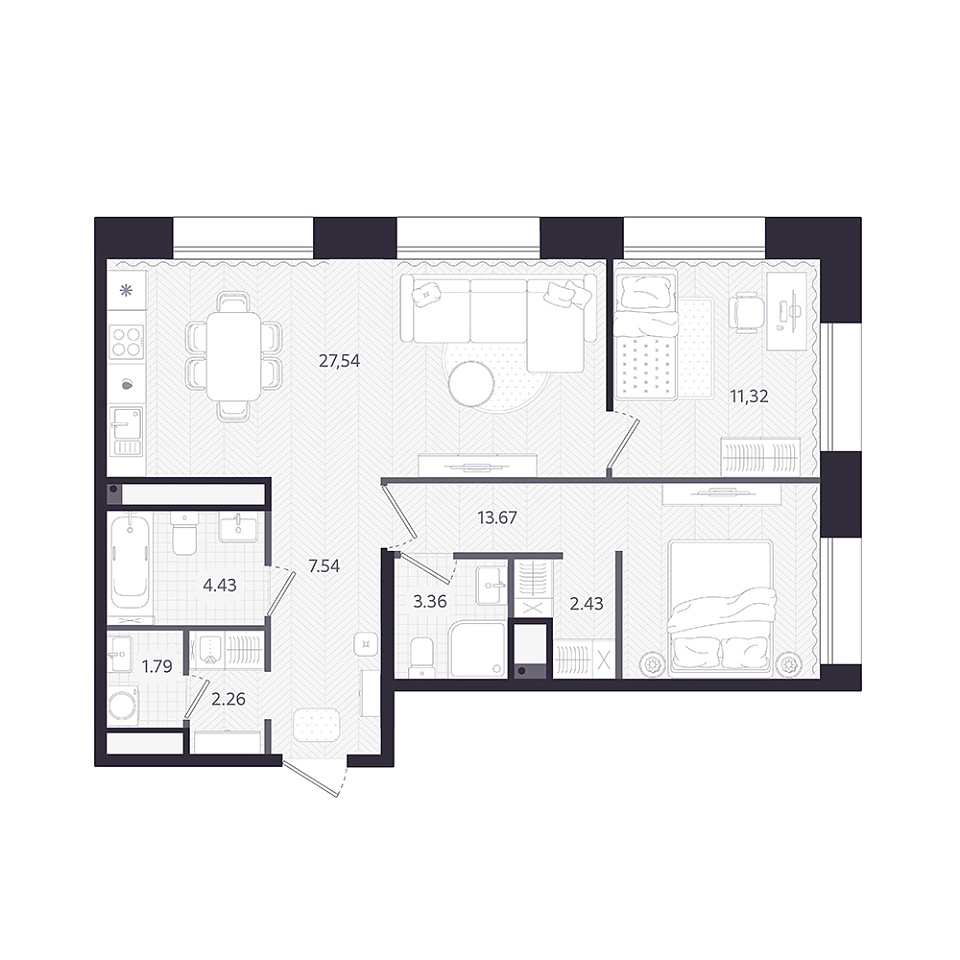 Планировка: Евротрешка 74.3 м² в ЖК Темплин, Центр