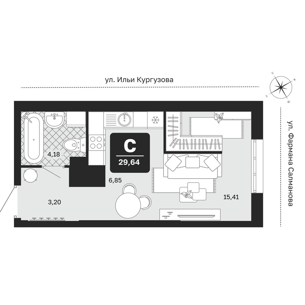 Планировка: Студия 29.6 м² в ЖК Мидгард в Комарово Парк, От Слободы до Комарово парк