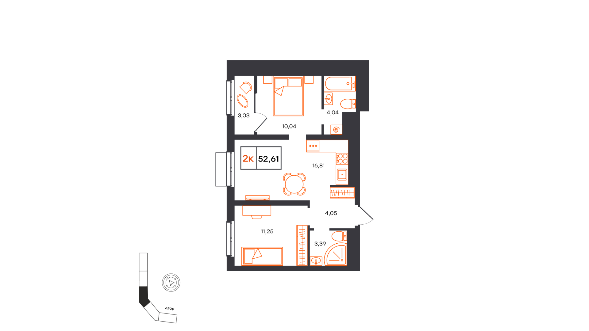 Планировка: Евротрешка 52.6 м² в ЖК Фатера, Дом Обороны