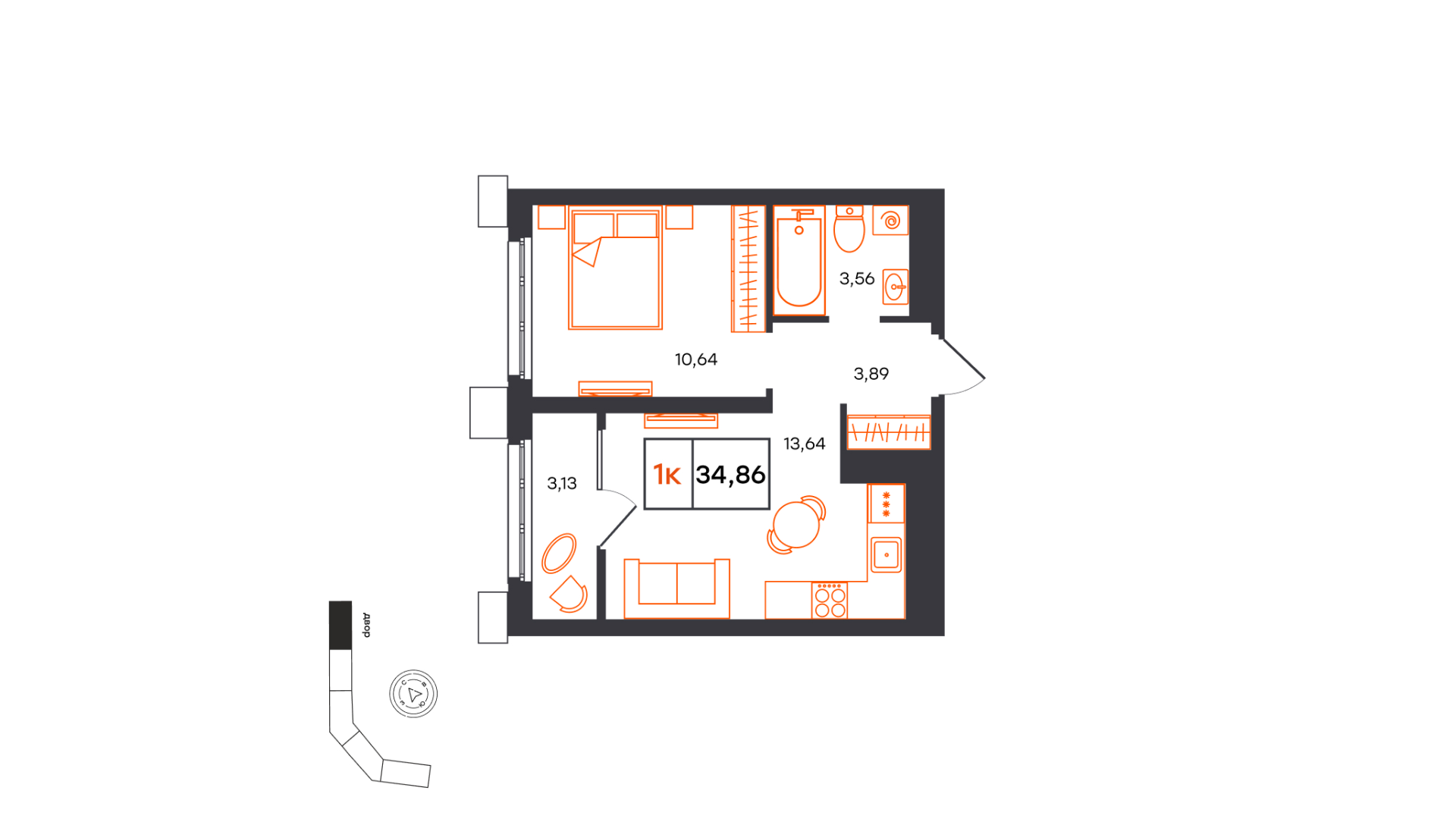Планировка: Евродвушка 34.9 м² в ЖК Фатера, Дом Обороны