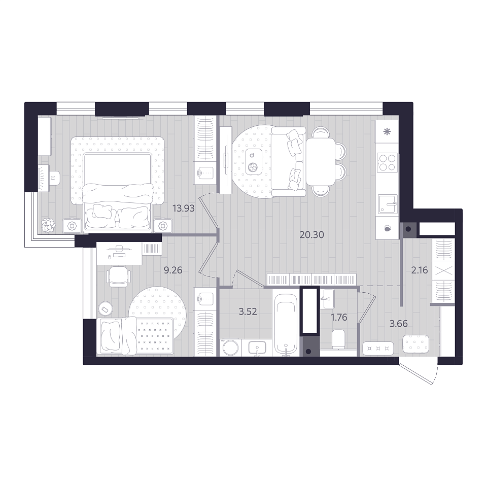 Планировка: Евротрешка 54.6 м² в ЖК Форсо, Зарека