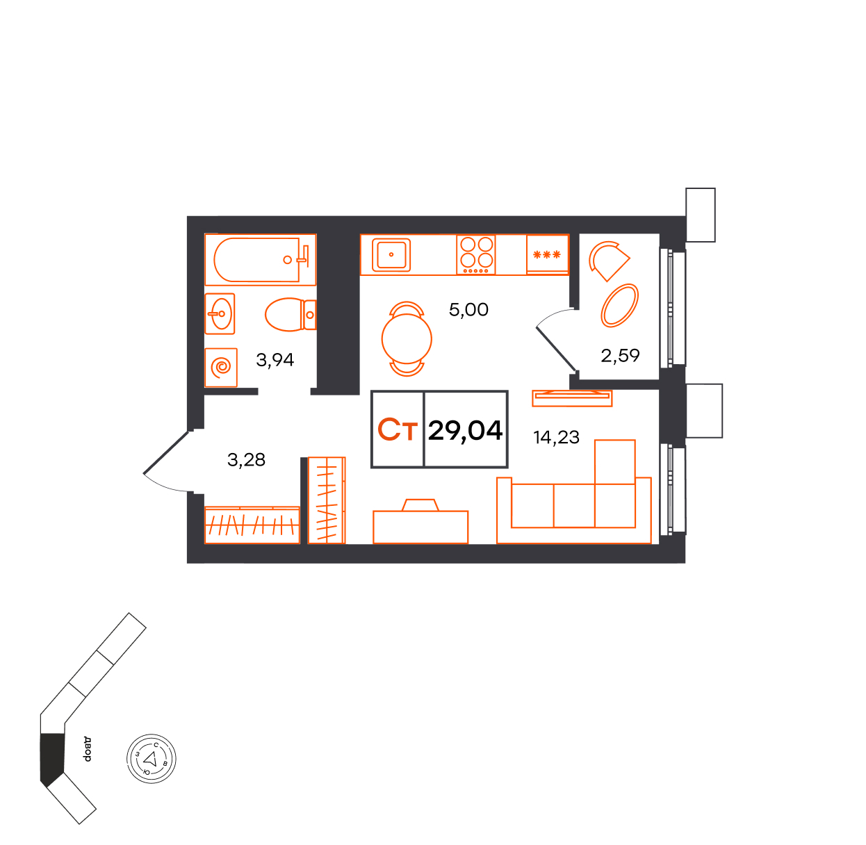 Планировка: Студия 29 м² в ЖК Фатера, Дом Обороны