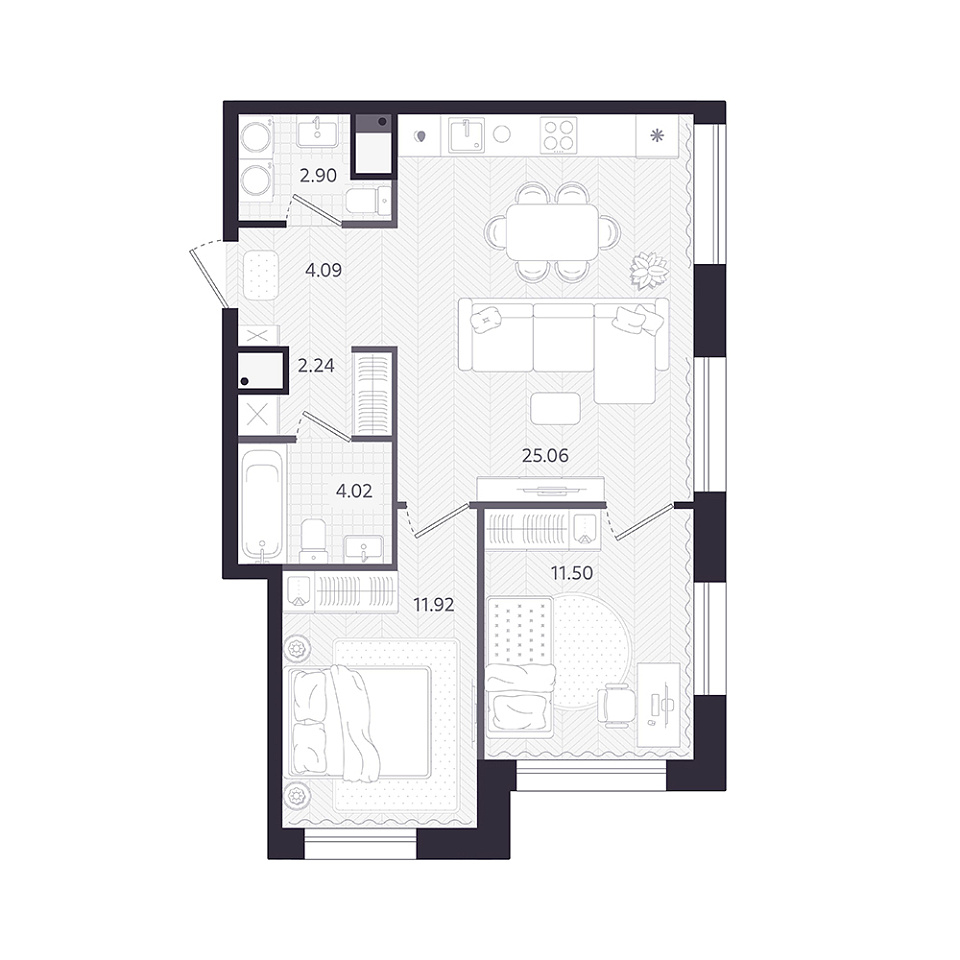 Планировка: Евротрешка 61.7 м² в ЖК Темплин, Центр