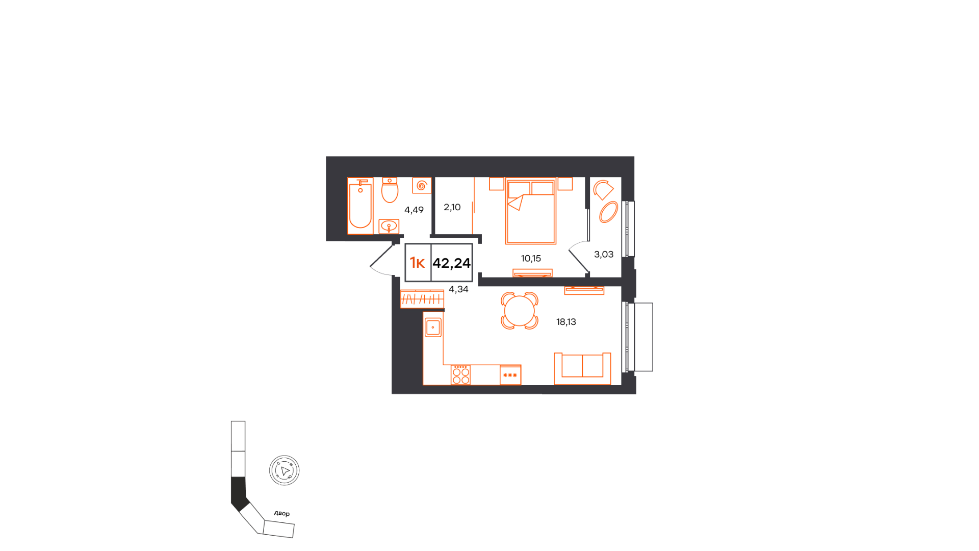 Планировка: Евродвушка 42.2 м² в ЖК Фатера, Дом Обороны
