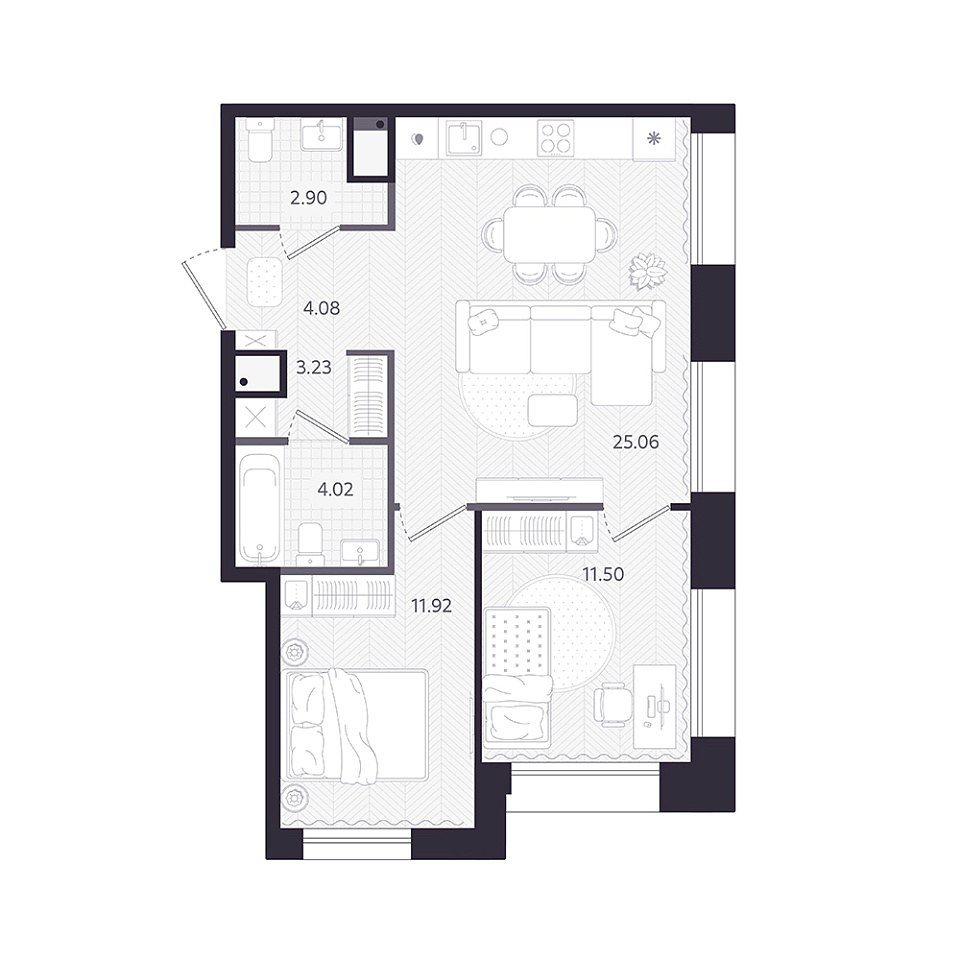 Планировка: Евротрешка 61.7 м² в ЖК Темплин, Центр