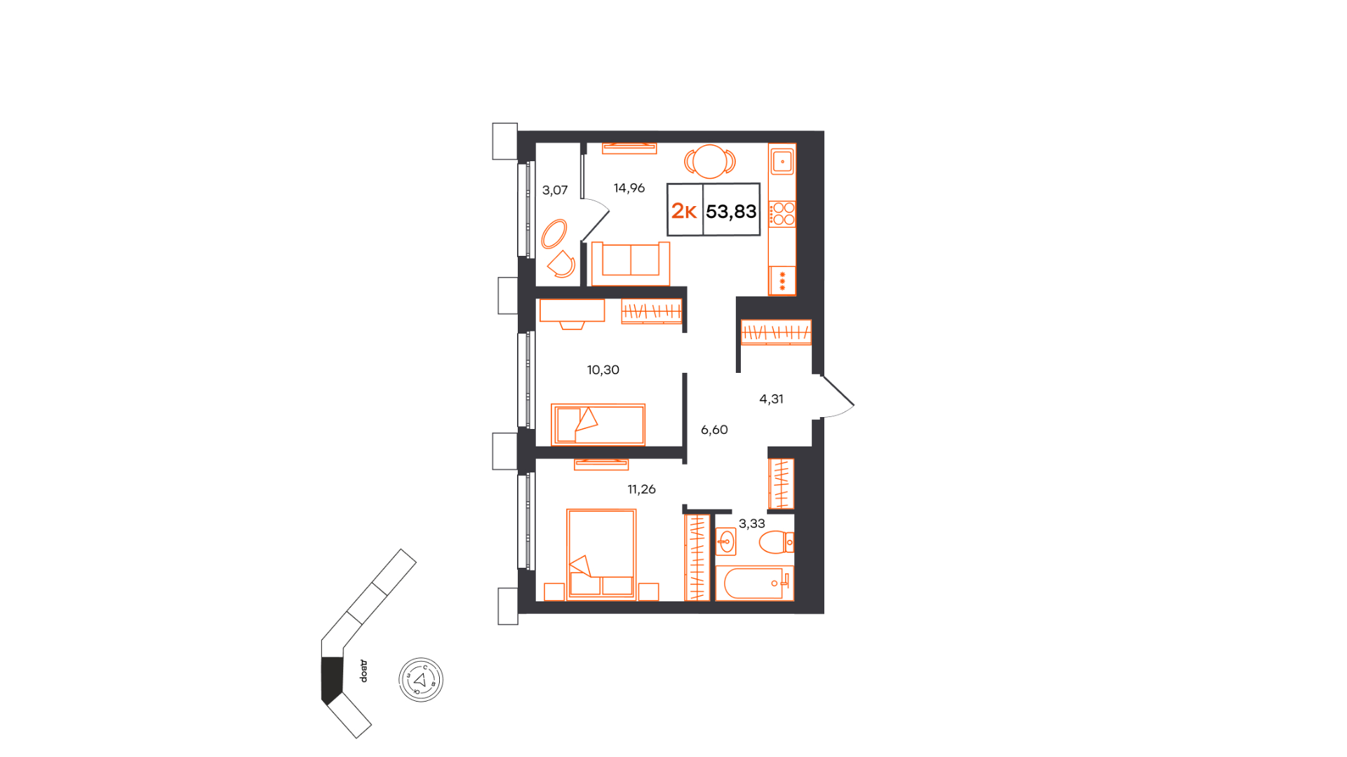 Планировка: Евротрешка 53.8 м² в ЖК Фатера, Дом Обороны