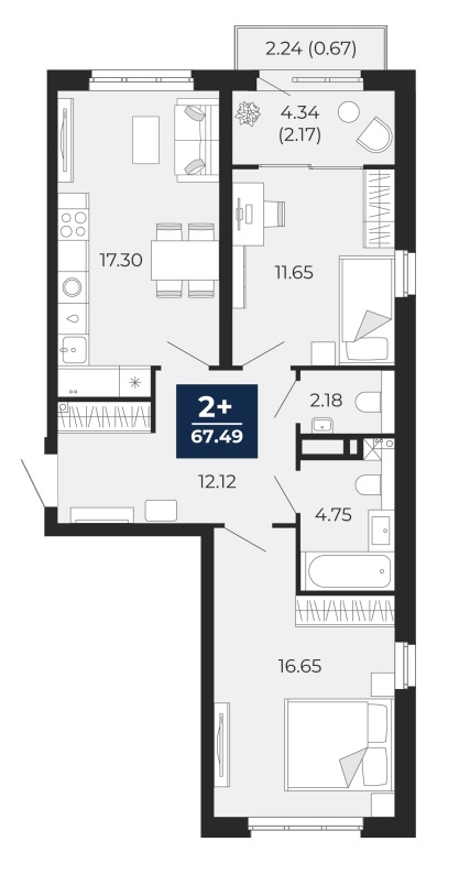 Планировка: Евротрешка 67.5 м² в ЖК Беринг, Лесобаза