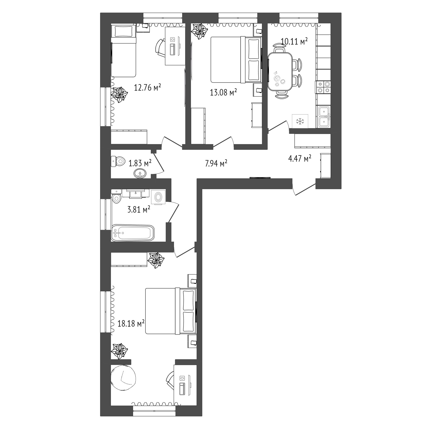 Планировка: 3-комнатная 72.2 м² в ЖК Листопад, От Слободы до Комарово парк