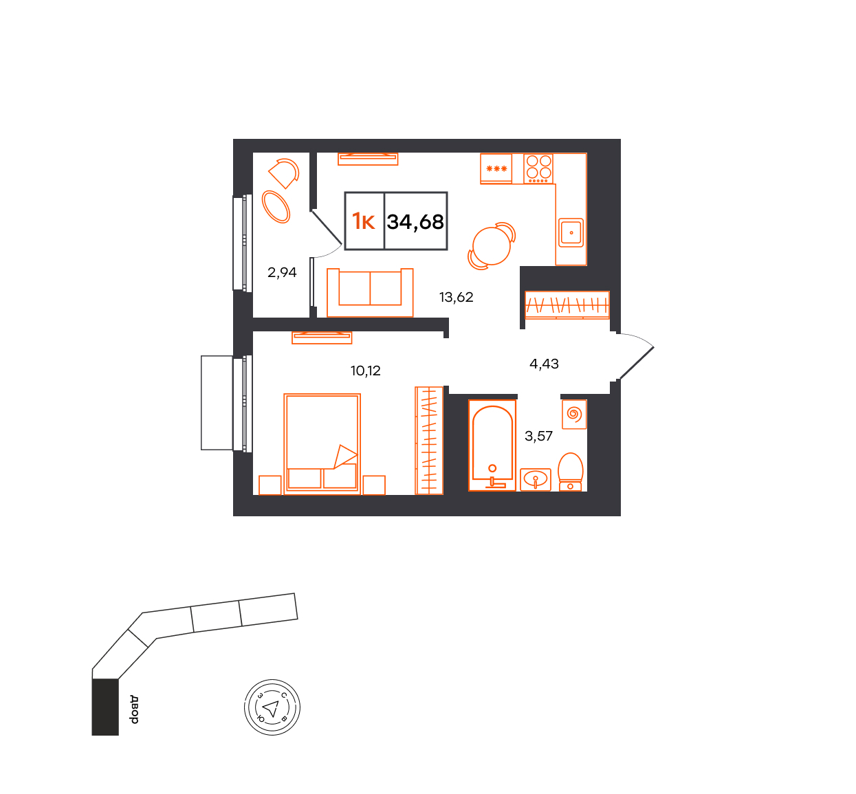 Планировка: Евродвушка 34.7 м² в ЖК Фатера, Дом Обороны