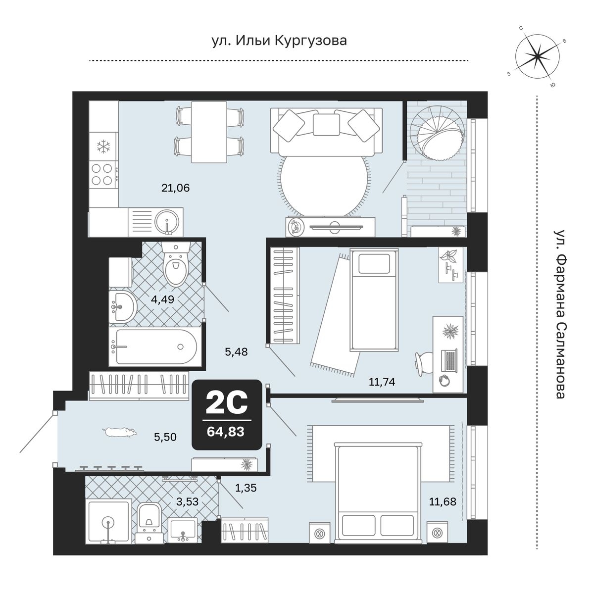 Планировка: Евротрешка 64.8 м² в ЖК Мидгард в Комарово Парк, От Слободы до Комарово парк