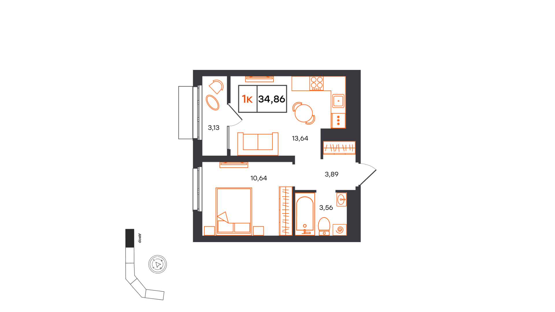 Планировка: Евродвушка 34.9 м² в ЖК Фатера, Дом Обороны
