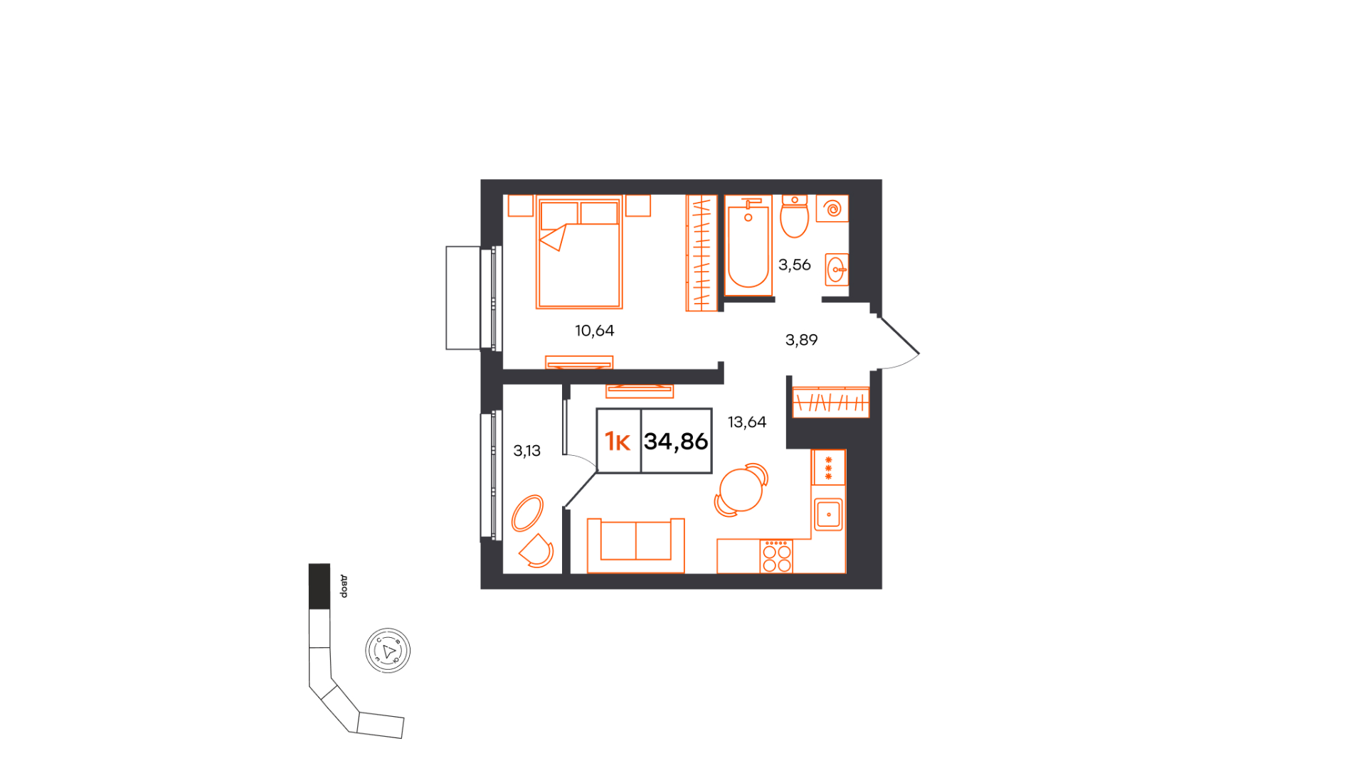 Планировка: Евродвушка 34.9 м² в ЖК Фатера, Дом Обороны