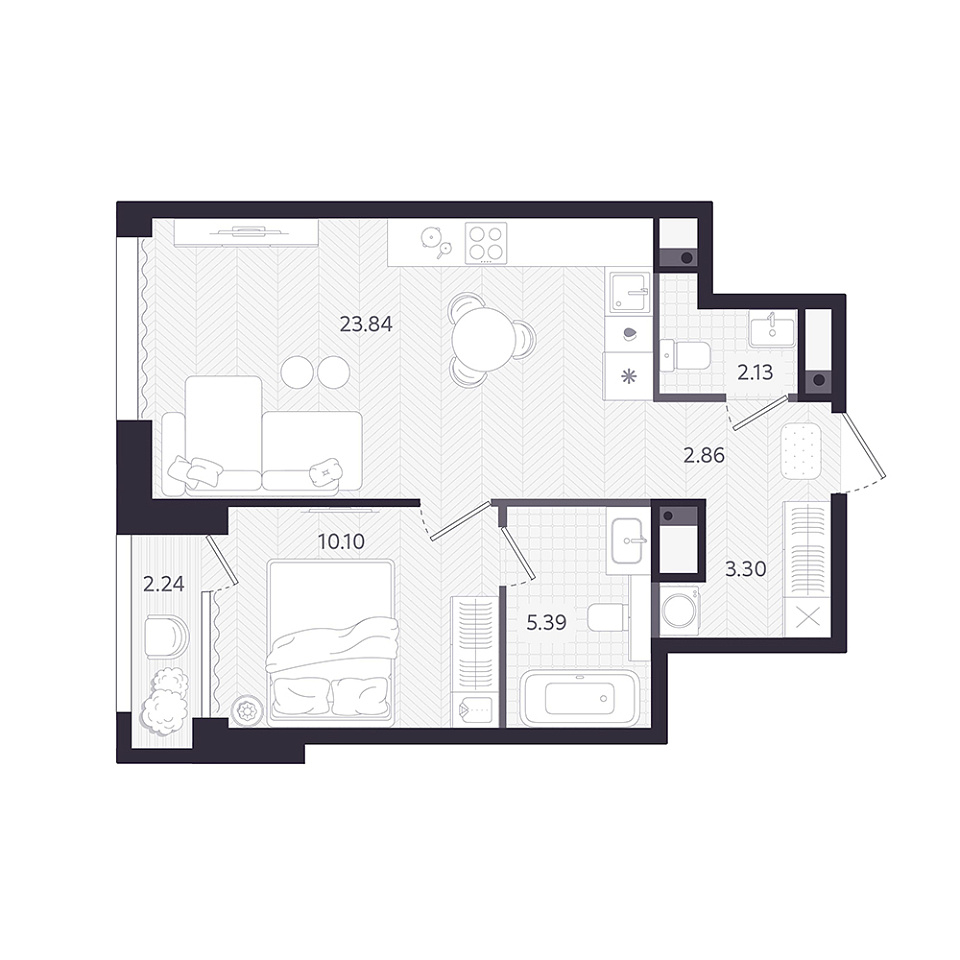 Планировка: Евродвушка 48.3 м² в ЖК Темплин, Центр