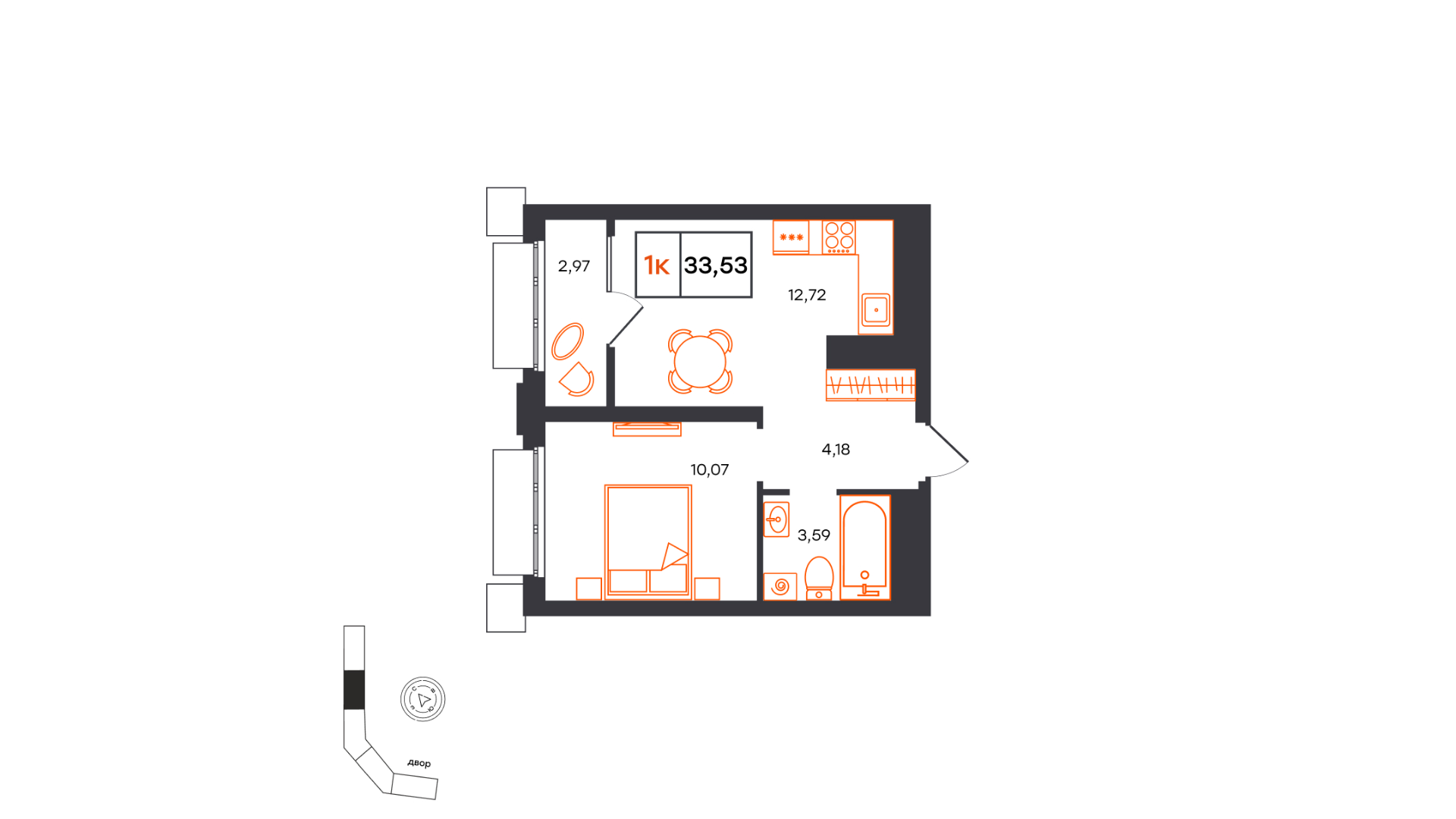 Планировка: 1-комнатная 33.5 м² в ЖК Фатера, Дом Обороны