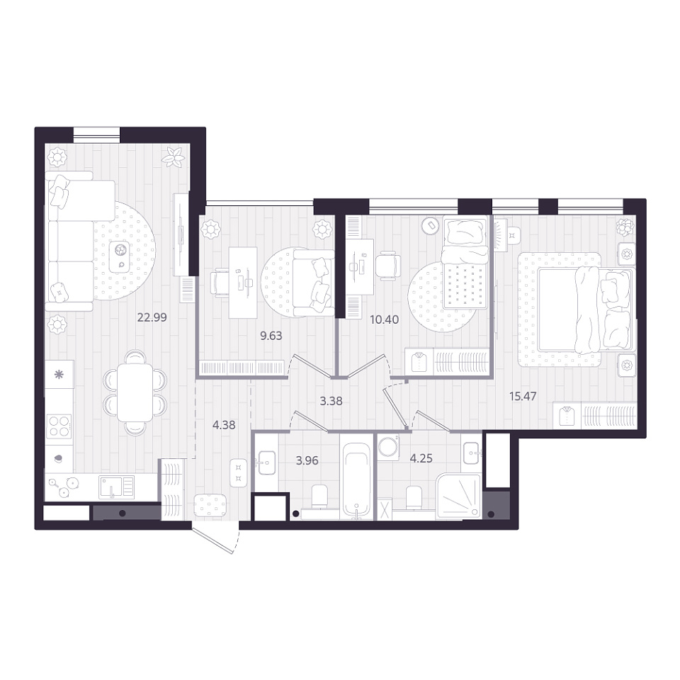 Планировка: 4-комнатная евро 74.5 м² в ЖК Форсо, Зарека
