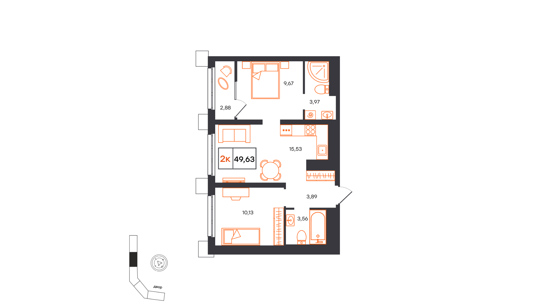 Планировка: Евротрешка 49.6 м² в ЖК Фатера, Дом Обороны